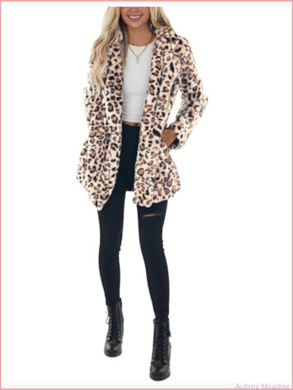 Faux Fur Jacket Leopard Coat Loose Open Front with Pockets - Picture 6 of 7